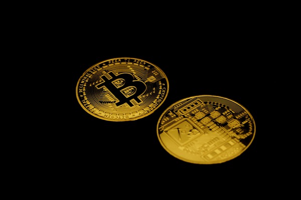 Gold Bitcoin coin among silver cryptocurrency coins on a dark background